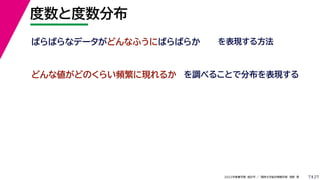 27
2022年度春学期　統計学 ／　関西大学総合情報学部　浅野　晃
度数と度数分布
7
ばらばらなデータがどんなふうにばらばらか
どんな値がどのくらい頻繁に現れるか を調べることで分布を表現する
を表現する方法
 