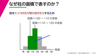 27
2022年度春学期　統計学 ／　関西大学総合情報学部　浅野　晃
なぜ柱の面積で表すのか？
17
柱をくっつけたり切り分けたりするため
階級
面積＝100 ～ 110 の度数
90 100 110 120 130 140
面積＝110 ～ 120 の度数
150
 