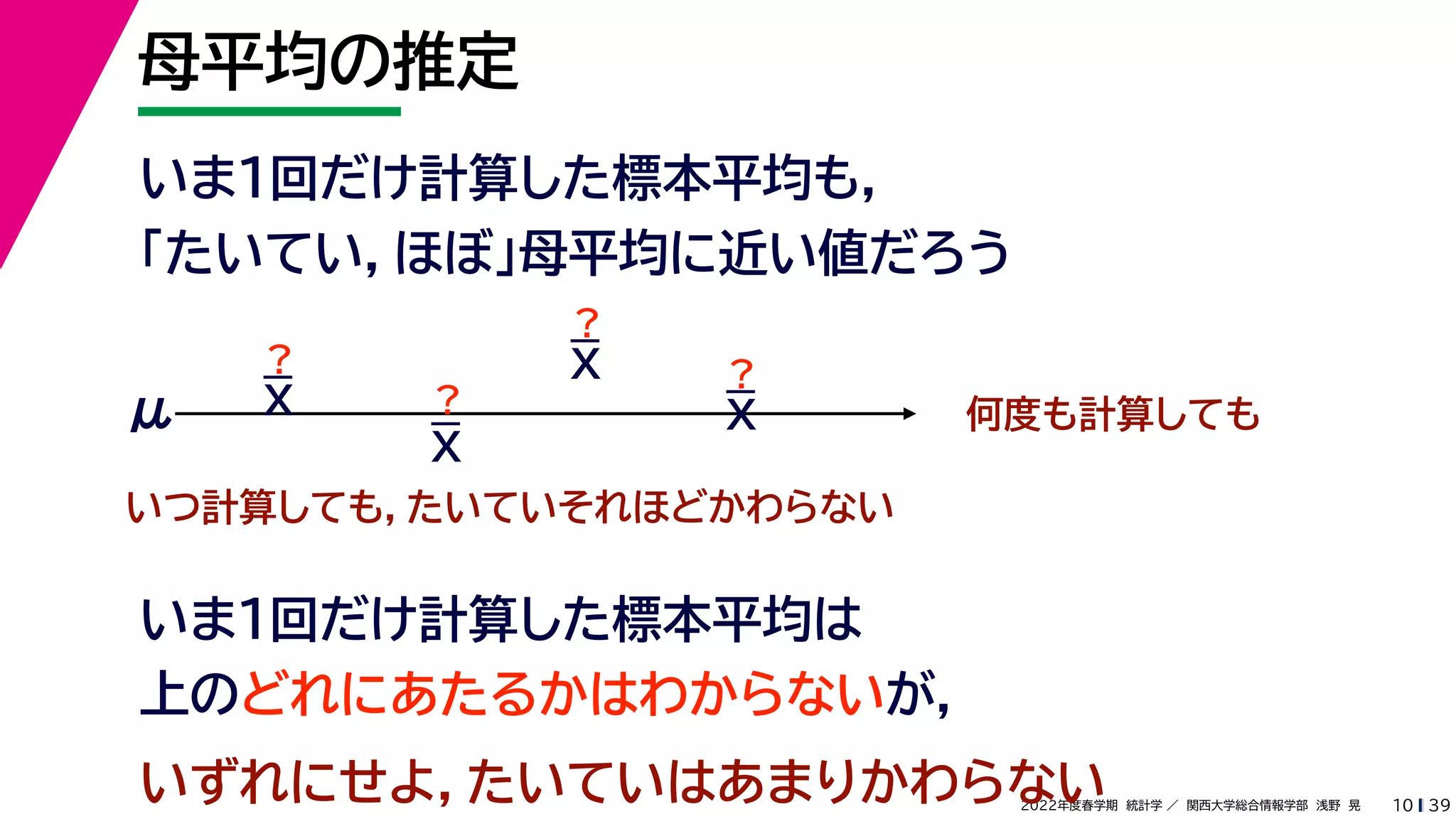 39
2022年度春学期　統計学 ／　関西大学総合情報学部　浅野　晃
母平均の推定
10
いま１回だけ計算した標本平均も，
「たいてい，ほぼ」母平均に近い値だろう
いま1回だけ計算した標本平均は
上のどれにあたるかはわからないが，
何度も計算しても
μ
いつ計算しても，たいていそれほどかわらない
いずれにせよ，たいていはあまりかわらない
？
？
？
？
X
X
X
X
 