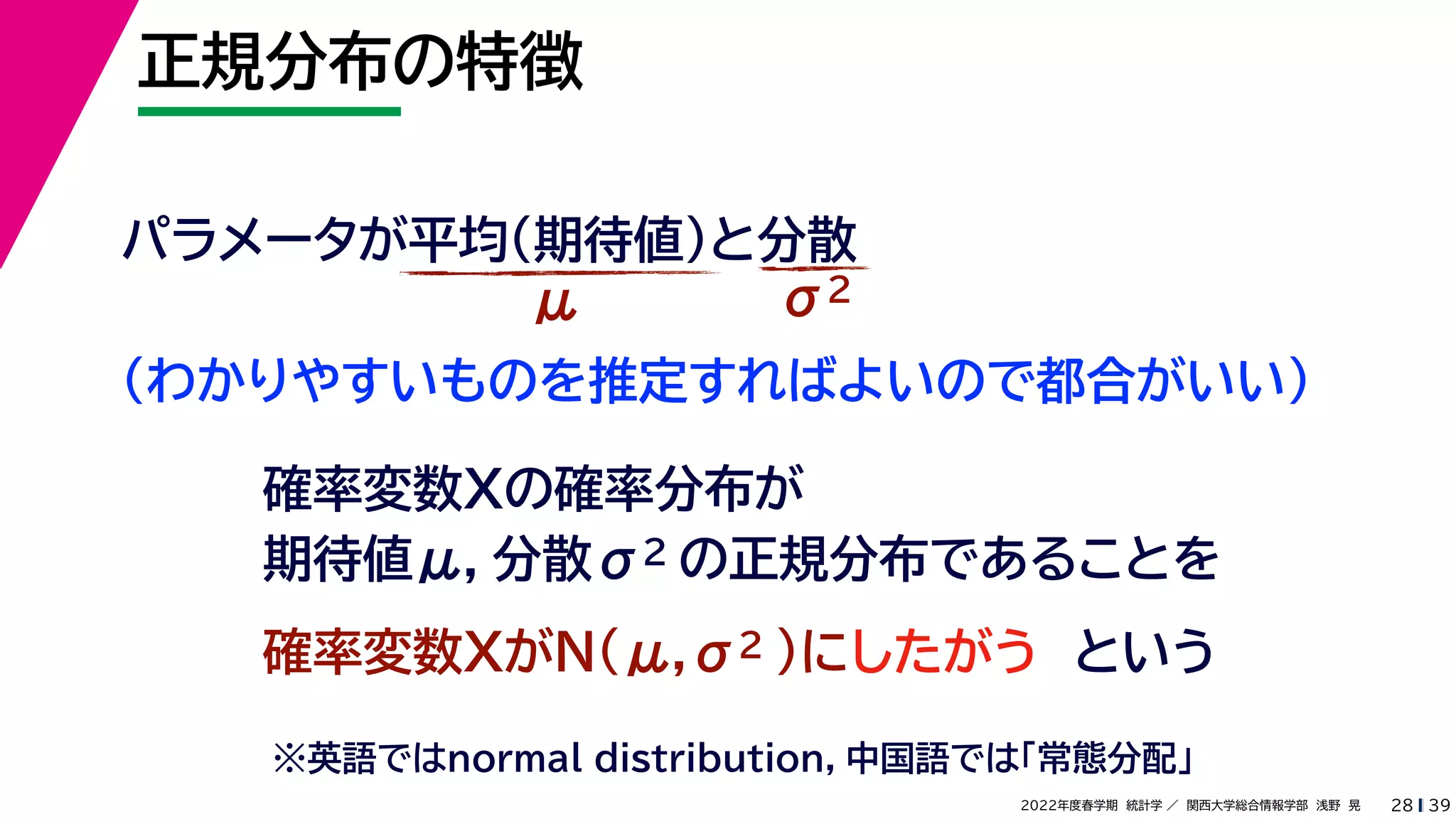 39
2022年度春学期　統計学 ／　関西大学総合情報学部　浅野　晃
正規分布の特徴
28
パラメータが平均（期待値）と分散
μ σ2
確率変数Xの確率分布が
期待値μ，分散σ2 の正規分布であることを
確率変数XがN(μ,σ2 )にしたがう　という
（わかりやすいものを推定すればよいので都合がいい）
※英語ではnormal distribution，中国語では「常態分配」
 