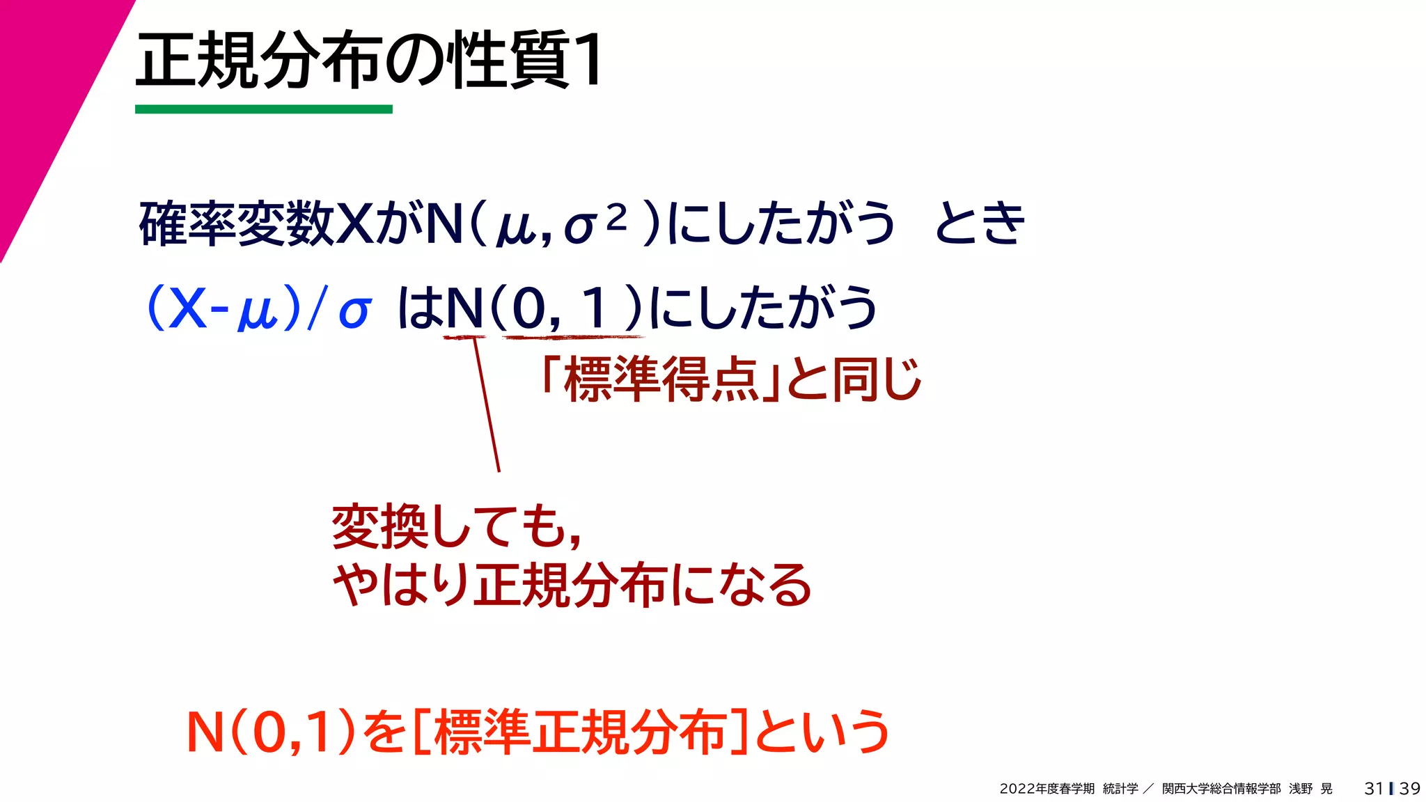 39
2022年度春学期　統計学 ／　関西大学総合情報学部　浅野　晃
正規分布の性質１
31
確率変数XがN(μ,σ2 )にしたがう　とき
(X-μ)/σ はN(0, 1 )にしたがう
「標準得点」と同じ
変換しても，
やはり正規分布になる
N(0,1)を［標準正規分布］という
 