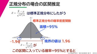 34
2022年度春学期　統計学 ／　関西大学総合情報学部　浅野　晃
正規分布の場合の区間推定
28
この区間に入っている確率=95%とすると
Z =
X̄ − µ

σ2/n
は標準正規分布にしたがう
標準正規分布の確率密度関数
z
f(z)
0 u
–u
Z =
X̄ − µ

σ2/n が
面積=95%
境界の値は 1.96
–1.96
 