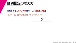 34
2022年度春学期　統計学 ／　関西大学総合情報学部　浅野　晃
区間推定の考え方
13
数値をいくつか抽出して標本平均
仮に，何度も抽出したとすると
X
 