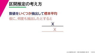 34
2022年度春学期　統計学 ／　関西大学総合情報学部　浅野　晃
区間推定の考え方
13
数値をいくつか抽出して標本平均
仮に，何度も抽出したとすると
X
X
 