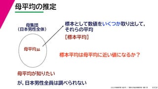 34
2022年度春学期　統計学 ／　関西大学総合情報学部　浅野　晃
母平均の推定
4
標本として数値をいくつか取り出して，
それらの平均
母平均が知りたい
母集団
（日本男性全体）
母平均μ
が，日本男性全員は調べられない
［標本平均］
標本平均は母平均に近い値になるか？
 