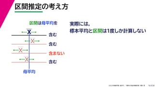 34
2022年度春学期　統計学 ／　関西大学総合情報学部　浅野　晃
区間推定の考え方
16
区間は母平均を
母平均
X 含む
X
X
X
含む
含まない
含む
実際には，
標本平均と区間は１度しか計算しない
 