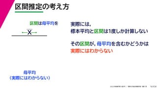 34
2022年度春学期　統計学 ／　関西大学総合情報学部　浅野　晃
区間推定の考え方
16
区間は母平均を
母平均
X
（実際にはわからない）
実際には，
標本平均と区間は１度しか計算しない
その区間が，母平均を含むかどうかは
実際にはわからない
 