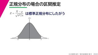 34
2022年度春学期　統計学 ／　関西大学総合情報学部　浅野　晃
正規分布の場合の区間推定
25
Z =
X̄ − µ

σ2/n
は標準正規分布にしたがう
z
f(z)
0 u
–u
 