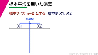 34
2022年度春学期　統計学 ／　関西大学総合情報学部　浅野　晃
標本平均を用いた偏差
12
標本サイズ n=2 とする 標本は X1, X2
X1 X2
母平均
 