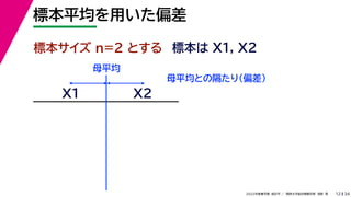 34
2022年度春学期　統計学 ／　関西大学総合情報学部　浅野　晃
標本平均を用いた偏差
12
標本サイズ n=2 とする 標本は X1, X2
X1
母平均との隔たり（偏差）
X2
母平均
 
