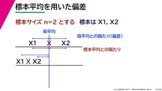 34
2022年度春学期　統計学 ／　関西大学総合情報学部　浅野　晃
標本平均を用いた偏差
12
標本サイズ n=2 とする 標本は X1, X2
X
X1
X2
母平均との隔たり（偏差）
X1
X2
X
標本平均との隔たり
母平均
 