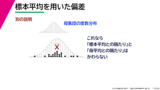 34
2022年度春学期　統計学 ／　関西大学総合情報学部　浅野　晃
標本平均を用いた偏差
13
別の説明
母集団の度数分布
これなら
「標本平均との隔たり」と
「母平均との隔たり」は
かわらない
X
 