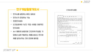 2022
연구개발활동개요서
• 연구소를 설립하는 배경, 필요성
• 연구소가 관장하는 기능
• 전문연구분야
• 신고일로부터 1년간 직접 수행할 대표적인
연구과제
• A4 1페이지 분량으로 간단하게 작성함. 기
업에서 실제 개발하는 제품(서비스) 연구과
제를 일치시키는 것이 관리에 용이함
<구비서류 샘플>
START UP
 
