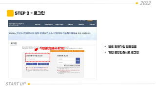 2022
STEP 2 - 로그인
기업공인인증서 로그인
• 별로 회원가입 필요없음
• 기업 공인인증서로 로그인
START UP
 