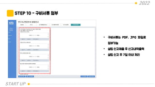 2022
STEP 10 - 구비서류 첨부
• 구비서류는 PDF, JPG 파일로
첨부가능
• 설립 신고제출 후 신고내역출력
• 설립 신고 후 7일 이내 처리
START UP
 