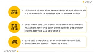 2022
정책자금
높은 가점
• 기업부설연구소는 정책자금의 서면평가, 대면평가의 과정에서 높은 가점을 받을 수 있음. 비슷
한 규모의 경쟁업체가 같은 지원사업에 참여할 경우 연구소 기업이 선택될 가능성 높음
벤처기업
이노비즈
인증 가점
• 벤처기업, 이노비즈 인증을 수월하게 취득하기 위해서는 연구소 보유가 무엇보다 중요함.
특히, 스타트업의 경영자가 대학을 졸업하지 않았거나 창업아이템과 관련된 경력 및 이력
이 없다면 8,000만원 이상 보증을 받아도 탈락하게 됨
건전한
재무구조
• 연구소를 설립 후 연구개발인력과 연구기자재의 세액공제 혜택으로 당기순이익 상승함.
• 부채비율을 낮추는 등의 건전한 재무구조 개선에 도움을 주고 있음
START UP
 