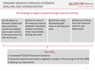 11
ORGANIC GROWTH THROUGH EXTENSIVE
DRILLING AND CONSOLIDATION TSX: SVM | NYSE AMERICAN SVM
1) Drill above or
beneath stopes that
were previously
mined but stopped
due to poor control
in the occurrence of
vein structures
2) Drill for veins in
the resource area at
shallower elevations
(closer to surface)
where only limited
drilling was done
3) Drill the newly
discovered gold
veins in the resource
area
4) Step-out drilling
from the resource
area for new
discoveries
The strategy of organic growth through extensive drilling
Benefits
1) Increased FY2023 Production Guidance
2) Expected resource and reserve upgrade increase in the coming NI 43-101 MRE
3) Making new discoveries
 