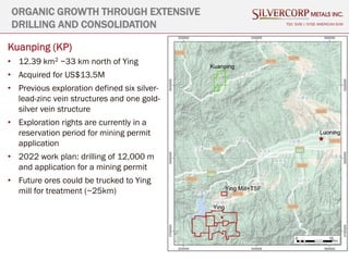 17
TSX: SVM | NYSE AMERICAN SVM
Kuanping (KP)
• 12.39 km2 ~33 km north of Ying
• Acquired for US$13.5M
• Previous exploration defined six silver-
lead-zinc vein structures and one gold-
silver vein structure
• Exploration rights are currently in a
reservation period for mining permit
application
• 2022 work plan: drilling of 12,000 m
and application for a mining permit
• Future ores could be trucked to Ying
mill for treatment (~25km)
ORGANIC GROWTH THROUGH EXTENSIVE
DRILLING AND CONSOLIDATION
 