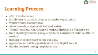 Learning Process
● 4/8/12 week courses
● Enrollment in particular course through swayam.gov.in
● Watch weekly shared video...