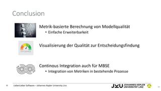 LieberLieber Software – Johannes Kepler University Linz
30
Metrik-basierte Berechnung von Modellqualität
• Einfache Erweit...