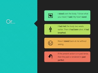Or…
I stood over the body. “I know what
you mean,” I said. My heart raced.
I had met the body two weeks
earlier. Then it had been alive. It had
breathed.
Now it stared back at me without
seeing.
If the present action is in past tense,
then the past is rendered in past
perfect.
 