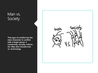 Man vs.
Society
This type of conflict has the
main character in conflict
with a larger group: a
community, society, culture,
etc. May also include man
vs. technology
 