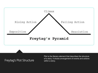 Freytag’s Plot Structure
Plot is the literary element that describes the structure
of a story. It shows arrangement of events and actions
within a story.
 