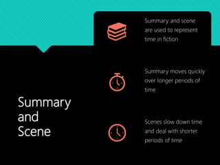 Summary
and
Scene
Summary and scene
are used to represent
time in fiction
Summary moves quickly
over longer periods of
time
Scenes slow down time
and deal with shorter
periods of time
 