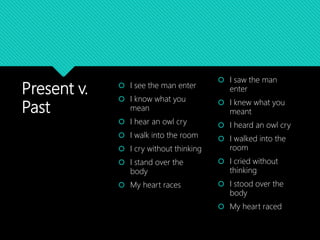 Present v.
Past
 I see the man enter
 I know what you
mean
 I hear an owl cry
 I walk into the room
 I cry without thinking
 I stand over the
body
 My heart races
 I saw the man
enter
 I knew what you
meant
 I heard an owl cry
 I walked into the
room
 I cried without
thinking
 I stood over the
body
 My heart raced
 