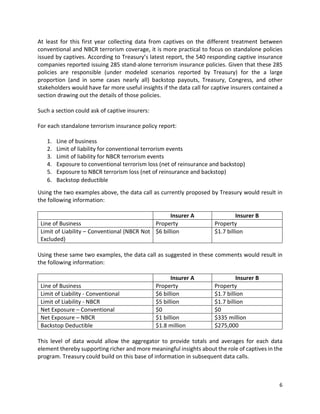 6
At least for this first year collecting data from captives on the different treatment between
conventional and NBCR terrorism coverage, it is more practical to focus on standalone policies
issued by captives. According to Treasury’s latest report, the 540 responding captive insurance
companies reported issuing 285 stand-alone terrorism insurance policies. Given that these 285
policies are responsible (under modeled scenarios reported by Treasury) for the a large
proportion (and in some cases nearly all) backstop payouts, Treasury, Congress, and other
stakeholders would have far more useful insights if the data call for captive insurers contained a
section drawing out the details of those policies.
Such a section could ask of captive insurers:
For each standalone terrorism insurance policy report:
1. Line of business
2. Limit of liability for conventional terrorism events
3. Limit of liability for NBCR terrorism events
4. Exposure to conventional terrorism loss (net of reinsurance and backstop)
5. Exposure to NBCR terrorism loss (net of reinsurance and backstop)
6. Backstop deductible
Using the two examples above, the data call as currently proposed by Treasury would result in
the following information:
Insurer A Insurer B
Line of Business Property Property
Limit of Liability – Conventional (NBCR Not
Excluded)
$6 billion $1.7 billion
Using these same two examples, the data call as suggested in these comments would result in
the following information:
Insurer A Insurer B
Line of Business Property Property
Limit of Liability - Conventional $6 billion $1.7 billion
Limit of Liability - NBCR $5 billion $1.7 billion
Net Exposure – Conventional $0 $0
Net Exposure – NBCR $1 billion $335 million
Backstop Deductible $1.8 million $275,000
This level of data would allow the aggregator to provide totals and averages for each data
element thereby supporting richer and more meaningful insights about the role of captives in the
program. Treasury could build on this base of information in subsequent data calls.
 