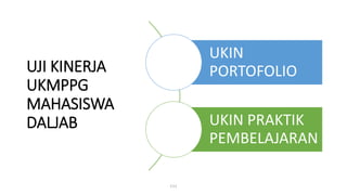 UJI KINERJA
UKMPPG
MAHASISWA
DALJAB
C11
UKIN
PORTOFOLIO
UKIN PRAKTIK
PEMBELAJARAN
 