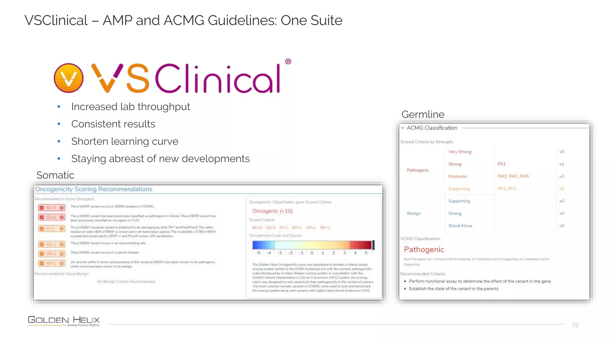 19
VSClinical – AMP and ACMG Guidelines: One Suite
• Increased lab throughput
• Consistent results
• Shorten learning curve
• Staying abreast of new developments
Germline
Somatic
 