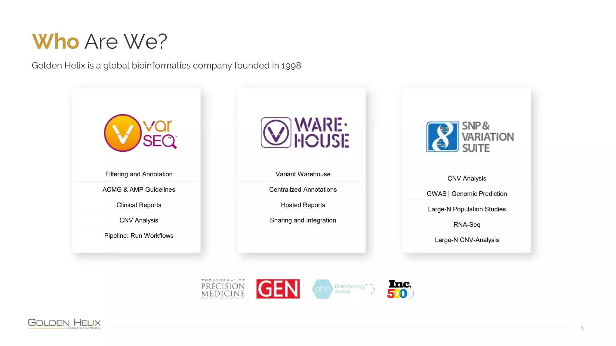 Who Are We?
5
Golden Helix is a global bioinformatics company founded in 1998
Filtering and Annotation
ACMG & AMP Guidelines
Clinical Reports
CNV Analysis
Pipeline: Run Workflows
CNV Analysis
GWAS | Genomic Prediction
Large-N Population Studies
RNA-Seq
Large-N CNV-Analysis
Variant Warehouse
Centralized Annotations
Hosted Reports
Sharing and Integration
 