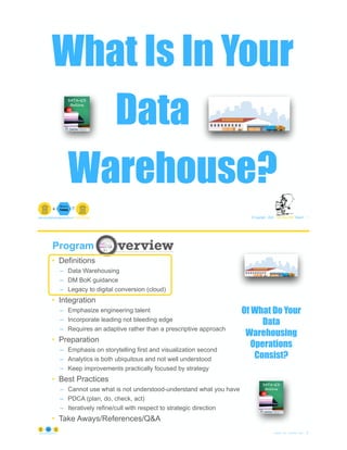 What Is In Your
Dataaa
Warehouse?
© Copyright 2022 by Peter Aiken Slide # 1
peter.aiken@anythingawesome.com +1.804.382.5957 Peter Aiken, PhD
© Copyright 2022 by Peter Aiken Slide #
https://anythingawesome.com
Program
2
Of What Do Your
Data
Warehousing
Operations
Consist?
• Definitions
– Data Warehousing
– DM BoK guidance
– Legacy to digital conversion (cloud)
• Integration
– Emphasize engineering talent
– Incorporate leading not bleeding edge
– Requires an adaptive rather than a prescriptive approach
• Preparation
– Emphasis on storytelling first and visualization second
– Analytics is both ubiquitous and not well understood
– Keep improvements practically focused by strategy
• Best Practices
– Cannot use what is not understood-understand what you have
– PDCA (plan, do, check, act)
– Iteratively refine/cull with respect to strategic direction
• Take Aways/References/Q&A
 