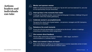 McKinsey & Company 24
Actions
leaders and
individuals
can take
Make sure women’s ideas are heard
Role model allyship by ca...