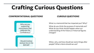 Crafting Curious Questions
CONFRONTATIONAL QUESTIONS CURIOUS QUESTIONS
Why are you
supporting
monuments that
celebrate the
Confederacy?
Should Andrew
Jackson be on the
$20 bill?
What is a memorial that has impacted you? Why?
What do you think the purpose of memorials are?
What do you think should happen when our
understanding of the history or historical figures
changes?
When, why, and how should we name things after
people? What criteria should we use?
 