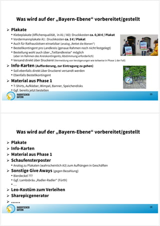 35
Was wird auf der „Bayern-Ebene“ vorbereitet/gestellt
 Plakate
• Klebeplakate (Affichenqualität, in A1 / A0): Druckkosten ca. 0,30 € / Plakat
• Vordermannplakate A1 : Druckkosten ca. 3 € / Plakat
• Auch für Rathauslotsen einsetzbar (analog „Rettet die Bienen“)
• Bestellkontingent pro Landkreis (genaue Rahmen noch nicht festgelegt)
• Bestellung wohl auch über „Teillandkreise“ möglich
(aber im Rahmen des Kreiskontingents; Abstimmung erforderlich)
• Versand direkt über Druckerei (Vermeidung von Verzögerungen wie teilweise in Phase 1 der Fall)
 Info-Karten (Aufforderung, zur Eintragung zu gehen)
• Soll ebenfalls direkt über Druckerei versandt werden
• Ebenfalls Bestellkontingent
 Material aus Phase 1
• T-Shirts, Aufkleber, Wimpel, Banner, Speichendisks
• Ggf. bereits jetzt bestellen
36
Was wird auf der „Bayern-Ebene“ vorbereitet/gestellt
 Plakate
 Info-Karten
 Material aus Phase 1
 Schaufensterposter
• Analog zu Plakaten (wahrscheinlich A3) zum Aufhängen in Geschäften
 Sonstige Give Aways (gegen Bezahlung)
• Bierdeckel ???
• Ggf. Lambsbräu „Radler-Radler“ (Fürth)
• …
 Leo-Kostüm zum Verleihen
 Sharepicgenerator
 ……
 