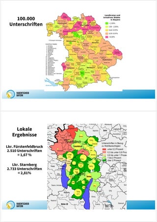 100.000
Unterschriften
Lkr. Fürstenfeldbruck
2.510 Unterschriften
= 1,67 %
en
H h
Wessobrunn
P lli
Weilheim i.OB
Wielenbach
Pähl
Raisting
Pähl-Raisting
Bernried
Seeshaupt
Eurasburg
Tutzing
6,4 %
Feldafing
Münsing
Wolfrats-
Diessen a. Ammersee
a.Ammersee
Andechs
Herrsching
a.Ammersee
Finning
Utting
a.Ammersee
Windach
Greifenberg
a.Ammersee
Schondorf
a.Ammersee
Inning
Wörthsee
Pöcking
Starnberg
Starnberg
Berg
Seefeld
6,0 %
Weßling
5,8 % Gauting
Merching
ering
Eresing
Geltendorf
Moorenweis
Türkenfeld
Eching
geisering
Grafrath
7,3%
Jesenwang
Kott-
Landsberied
Schöngeising
a.d.Paar
Egling
Steindorf
Althegnenberg
Adelshofen Fürstenfeldbruck
Fürstenfeldbruck
Hattenhofen
Mammendorf
Gilching
Alling
Krailling
Germering
Eichenau
Emmering
Maisach
Olching
Gröbenzell
Puch-
heim
Ried
Mittelstetten
Ober-`
Schweinbach
Egenhofen
a.d.Glonn
Sulzemoos
Bergkirchen
Schwabhausen
Königsdorf
Geretsried
BadTölz-
Dietramszell
hausen
Icking
Egling
Dingharting
Schäftlarn
Straßlach-
Sauer
Oberhaching
Baierbrunn
i.Isartal
Neuried
Pullach
Grünwald Taufkirc
Mü
Unterhachi
Neubibe
Planegg
Gräfelfing
Karlsfeld
Dachau
Hebertshausen
Eching
Unterschleißheim
Oberschleißheim
Garchin
b.Münch
Unterschriften in Bezug
zu Wahlberechtigten
unter 0,3 Prozent
1 bis 2 Prozent
über 2 Prozent
0,6 bis unter 1 Prozen
0,3 bis unter 0,6 Proz
Lkr. Starnberg
2.733 Unterschriften
= 2,81%
Lokale
Ergebnisse
 