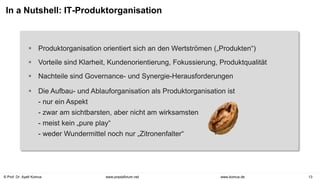 © Prof. Dr. Ayelt Komus 13
www.komus.de
www.praxisforum.net
 Produktorganisation orientiert sich an den Wertströmen („Produkten“)
 Vorteile sind Klarheit, Kundenorientierung, Fokussierung, Produktqualität
 Nachteile sind Governance- und Synergie-Herausforderungen
 Die Aufbau- und Ablauforganisation als Produktorganisation ist
- nur ein Aspekt
- zwar am sichtbarsten, aber nicht am wirksamsten
- meist kein „pure play“
- weder Wundermittel noch nur „Zitronenfalter“
In a Nutshell: IT-Produktorganisation
 