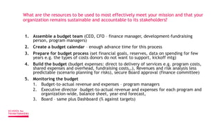 What are the resources to be used to most effectively meet your mission and that your
organization remains sustainable and accountable to its stakeholders?
1. Assemble a budget team (CEO, CFO – finance manager, development-fundraising
person, program managers)
2. Create a budget calendar – enough advance time for this process
3. Prepare for budget process (set financial goals, reserves, data on spending for few
years e.g. the types of costs donors do not want to support, kickoff mtg)
4. Build the budget (budget expenses: direct to delivery of services e.g. program costs,
shared expenses and overhead, fundraising costs…), Revenues and risk analysis less
predictable (scenario planning for risks), secure Board approval (finance committee)
5. Monitoring the budget
1. Budget-to-actual revenue and expenses – program managers
2. Executive director –budget-to-actual revenue and expenses for each program and
organization-wide, balance sheet, year-end forecast,
3. Board – same plus Dashboard (% against targets)
 