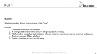 40
Poll 1
Question
What are your key drivers for investment in MarTech?
Options:
1. Customer acquisition and retention
2. ...