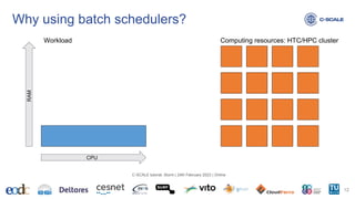 Why using batch schedulers?
12
C-SCALE tutorial: Slurm | 24th February 2023 | Online
Workload
CPU
RAM
Computing resources: HTC/HPC cluster
 