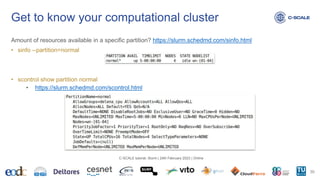 Amount of resources available in a specific partition? https://slurm.schedmd.com/sinfo.html
• sinfo --partition=normal
• scontrol show partition normal
• https://slurm.schedmd.com/scontrol.html
Get to know your computational cluster
30
C-SCALE tutorial: Slurm | 24th February 2023 | Online
 