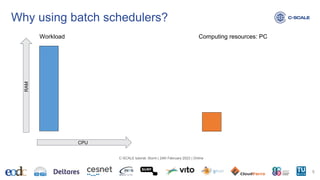 Why using batch schedulers?
5
C-SCALE tutorial: Slurm | 24th February 2023 | Online
Workload Computing resources: PC
CPU
RAM
 