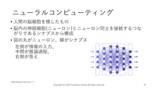 ニューラルコンピューティング
• 人間の脳細胞を模したもの
• 脳内の神経細胞(ニューロン)とニューロン同士を接続するつな
がりであるシナプスから構成
• 図の丸がニューロン、線がシナプス
左側が情報の入力、
中間が推論過程、
右側が答え
Copyright (c) 2023 Tomokazu Kizawa All rights reserved. 14
https://www.ac-illust.com/ より
 