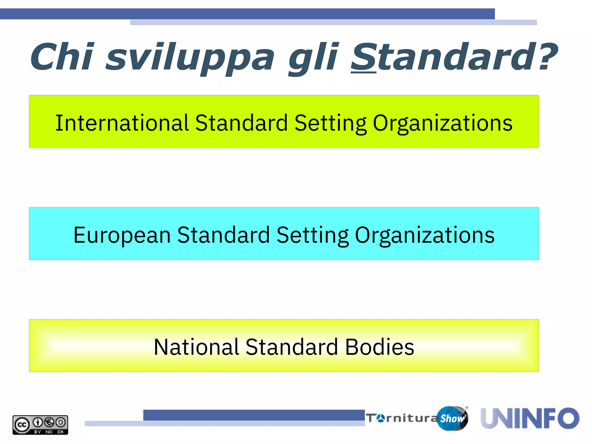 International Standard Setting Organizations
European Standard Setting Organizations
National Standard Bodies
Chi sviluppa gli Standard?
 