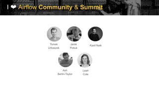 2020
July 2020
I ❤ Airflow Community & Summit
Tomek
Urbaszek
Jarek
Potiuk
Ash
Berlin-Taylor
Kaxil Naik
Leah
Cole
 