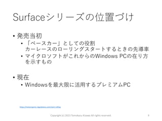 Surfaceシリーズの位置づけ
• 発売当初
• 「ペースカー」としての役割
カーレースのローリングスタートするときの先導車
• マイクロソフトがこれからのWindows PCの在り方
を示すもの
• 現在
• Windowsを最大限に活用するプレミアムPC
Copyright (c) 2023 Tomokazu Kizawa All rights reserved. 9
https://motorsports-regulations.com/start-rolling
 