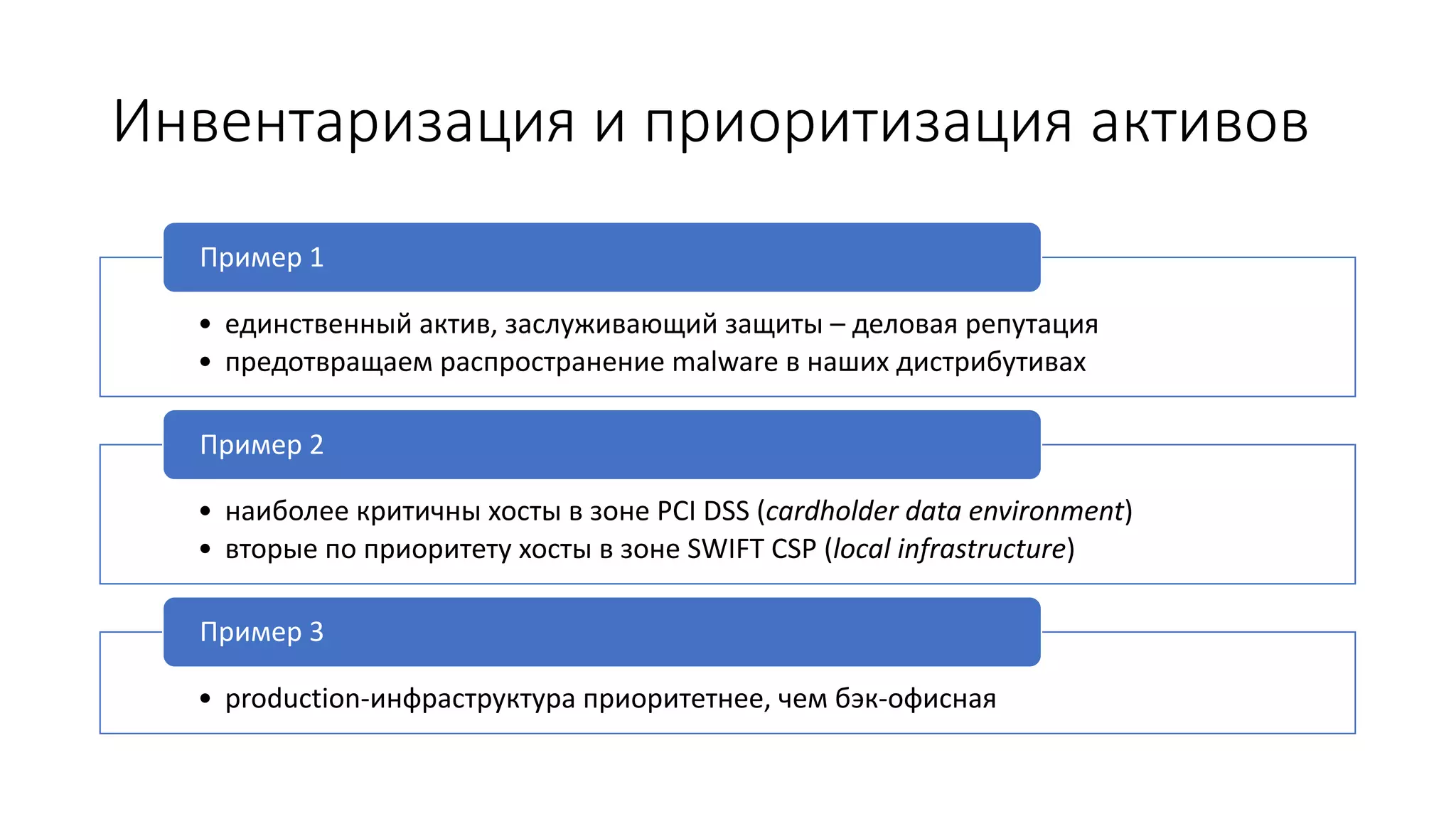 Инвентаризация и приоритизация активов
• единственный актив, заслуживающий защиты – деловая репутация
• предотвращаем распространение malware в наших дистрибутивах
Пример 1
• наиболее критичны хосты в зоне PCI DSS (cardholder data environment)
• вторые по приоритету хосты в зоне SWIFT CSP (local infrastructure)
Пример 2
• production-инфраструктура приоритетнее, чем бэк-офисная
Пример 3
 
