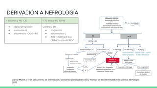 DERIVACIÓN A NEFROLOGÍA
García-Maset R, et al. Documento de información y consenso para la detección y manejo de la enfermedad renal crónica. Nefrología.
2022.
> 80 años y FG < 20 < 70 años y FG 30-45
● rápida progresión
● anemia renal
● albuminuria > 300 + FG
Control 3-6M
● progresión
● albuminuria x 2
● ACR > 300mg/g tras
iSRAA y control FRCV
 